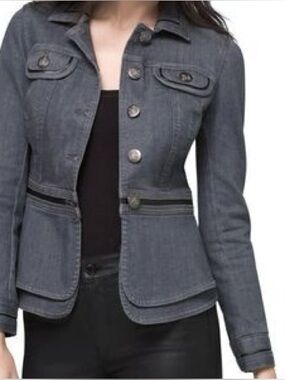 WHBM Tailored Peplum Denim Military Jacket - Charcoal Grey Black Trim Size 0